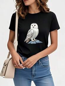 Women's Snowy Owl Print T-Shirt - Casual Short Sleeve Crew Neck Top, Realistic Animal Pattern, Suitable For Daily Wear, Travel And Home, Pure Cotton Women's Printed T-Shirt - 黑色 - 查看 7
