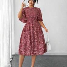 Elenzya Plus Size Women Ditsy Floral Round Neck Ruffle Sleeve Waist A-Line Midi Dress, Elegant Outdoor Wear - Multicolor - Ver 1