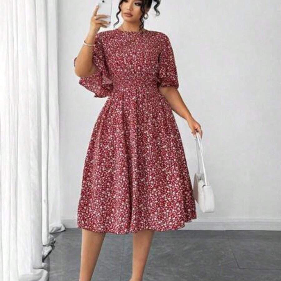 Elenzya Plus Size Women Ditsy Floral Round Neck Ruffle Sleeve Waist A-Line Midi Dress, Elegant Outdoor Wear - Multicolor - Ver 1