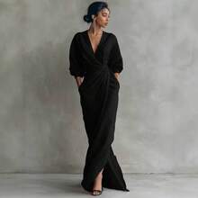 DAILY DOSE 2026 New Elegant Solid Color V Neck Long Sleeve Slit Waist Pocket Midi Dress For Women Chic European And American Style Party Casual Bodycon Maxi Dress With Side Slits, Girls' Gifts - 黑色 - 查看 9