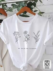 Talla Grande - Talla Grande - Camiseta de Mujer con Estampado Floral y Letras, Cuello Redondo Casual, Manga Corta, Cómoda para Todas las Temporadas, Lavable a Máquina - Blanco - Ver 2