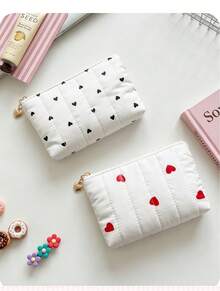 Korean Ins Heart-Shaped Polka Dot Quilted Coin Purse, Multifunctional, Lightweight For Going Out, Lipstick Bag, Key And ID Card Holder - 紅色愛心 - 查看 4