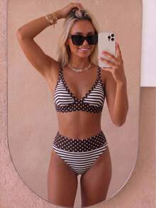 August vacation Kỳ nghỉ tháng Tám Thời trang nữ mùa hè thanh lịch Bikini buộc dây phía trước gợi cảm họa tiết chấm bi và sọc nâu, đồ bơi đi biển in ngẫu nhiên, mùa hè - Nhiều màu - Xem 1