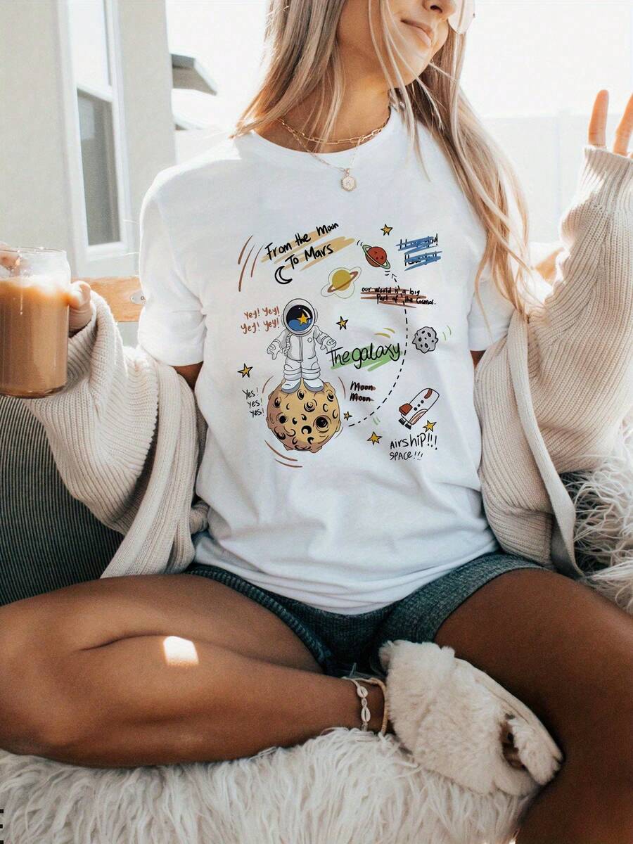 Women's T-Shirt With Astronaut Graphic Print In Space And Mars - Short Sleeve, Casual Crew Neck With Fun Design And Stars, Breathable And Stretchy Fabric For Summer And Spring, Machine Washable, Space Themed Clothing, Comfortable Fit - [白色的] - 查看 1