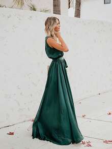 Vestido largo de talla grande sin mangas con escote en V y abertura alta de color sólido - Verde - Ver 4