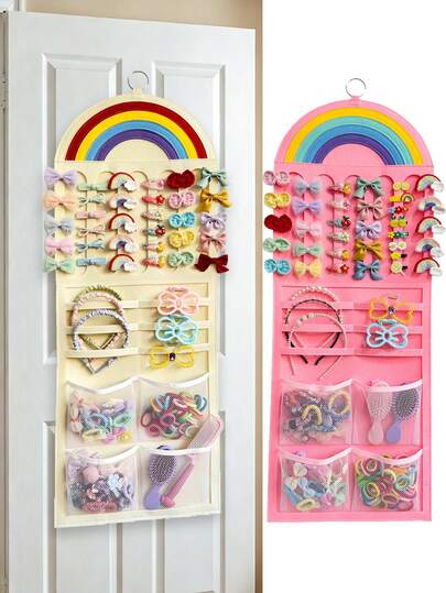 Rainbow Hair Clips For Girls Space-Saving Wall-Mounted Multi-Pocket Storage Rack, Perfect For Organizing Hair Clips, Barrettes And Other Small Items, Decor For Girls Room, Nursery