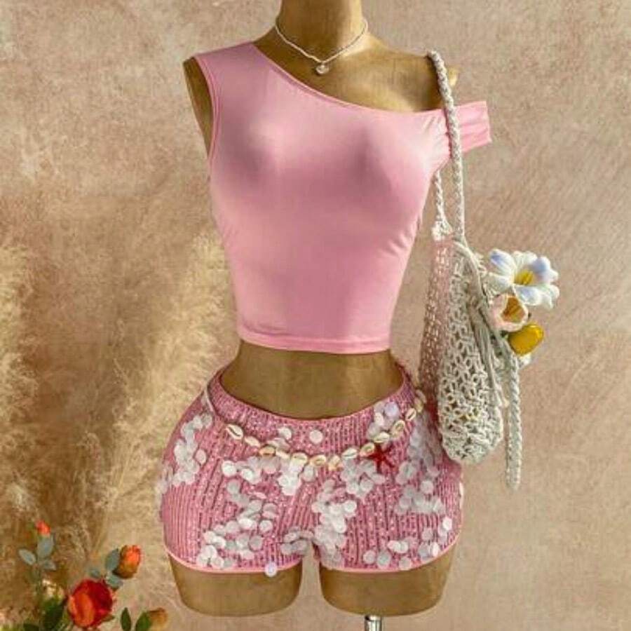 x Eduarda Gutierrez  Conjunto de 2 piezas para mujer con top corto de punto a rayas y shorts ajustados de tiro súper bajo, atuendo adecuado para vacaciones, fiestas, Navidad, San Valentín, citas, playa, crucero, carnaval, Pascua, Año Nuevo Chino - Rosa Pálido - Ver 1