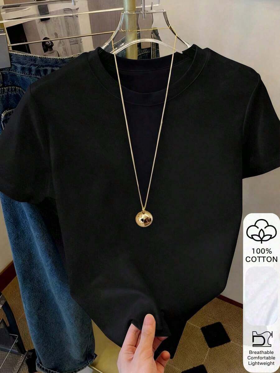Camiseta de manga corta de cuello redondo de unicolor para uso diario casual de mujer - Negro - Ver 1