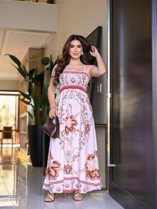 Women's Long Beach Dress With Tie Straps, Summer Casual Style, Floral And Coconut Tree Print, Bohemian Tropical Style, Thin Straps And Drawstring. - Màu tím hoa cà - Xem 2