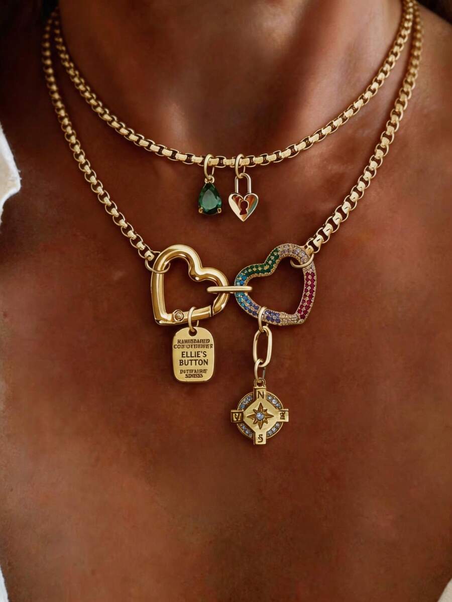 1pc Gold Heart Necklace With Letter Pendant And Compass Diamond Chain, Unique Luxury Style, Suitable For Women's Daily Work Decoration - Yellow Gold - View 1