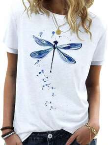 Women's Graphic T-Shirts, Casual Summer, Fun, Dragonfly Print, Short Sleeve, Cute T-Shirts, Urban Vintage Style, Unisex, Loose Fit, Cotton, Short Sleeve And Round Neck. - 白色 3 - 查看 7