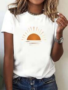 Women's Casual Short-Sleeve T-Shirt With Bright Sunrise Pattern, Loose Fit, Round Neck, Machine Washable Fabric, All-Season, Comfortable For Everyday Wear And Light Sports, Women's T-Shirt, Halloween Clothing, Women's Autumn Clothing, Suitable For Easter, Halloween, Thanksgiving And More - 白色 - 查看 1