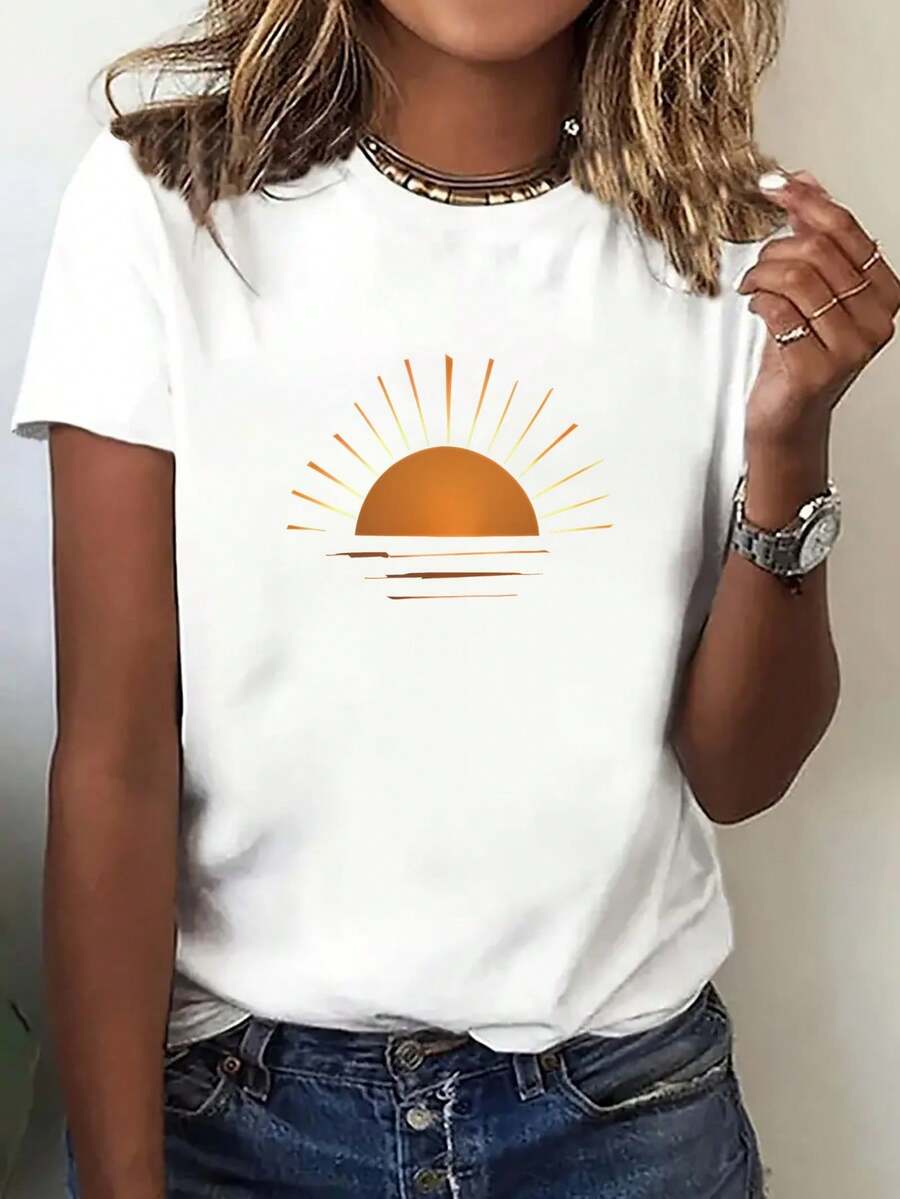 Women's Casual Short-Sleeve T-Shirt With Bright Sunrise Pattern, Loose Fit, Round Neck, Machine Washable Fabric, All-Season, Comfortable For Everyday Wear And Light Sports, Women's T-Shirt, Halloween Clothing, Women's Autumn Clothing, Suitable For Easter, Halloween, Thanksgiving And More - 白色 - 查看 1