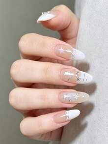 10 piezas de pegatinas de uñas estilo Y2K lindas y geniales hechas a mano, uñas postizas portátiles, calcomanías de uñas removibles, pegatinas de uñas acrílicas, forma de uña ovalada larga, estilo minimalista lindo, estrella de cinco puntas pintada a mano con lazo, perla, ojo de gato, estilo francés, adecuadas para festivales, Año Nuevo, Día de San Valentín, citas, fiestas, vacaciones, uñas postizas hechas a mano - Multicolor - Ver 2