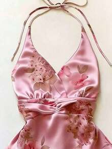 Blusa elegante y romántica con patrón floral retro, decorada con diamante de imitación, de cuello halter y corte evasé para mujeres - Rosa coral - Ver 3