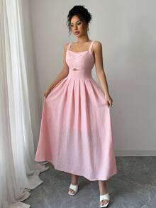 Lily House Women's Summer Pink Square Neck Cutout Pleated Mini Dress, Lightweight Elegant Casual For Beach Vacation Graduation Party - Pink - View 3