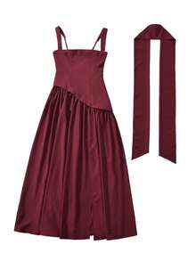 Elegant Women's Strapless Dress With Scarf, Unique Design, High Slit, Pleated, Fitted Waist, And Full Skirt - 紅色 - 查看 3