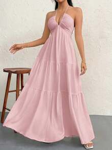 Vestido maxi sin espalda con cuello halter de crepé y lazo para ocasiones en complejos turísticos y bodas - Rosa Pálido - Ver 4
