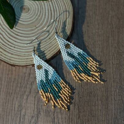 AHAYA Handmade Cactus Inspired Beaded Tassel Earrings With Glass Beads, Bohemian Seed Bead Dangle Earrings For Women, Casual Daily Beach Holiday Accessories