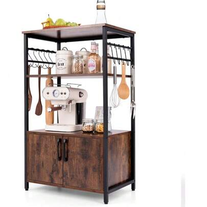 Kitchen Baker's Rack With Cabinet, 3-Tier Pantry Cabinet With 2 Open Shelves, 10 S-Shaped Hooks, Industrial Microwave Oven Stand With Metal Frame, Bookshelf Rack For Living Room, Brown