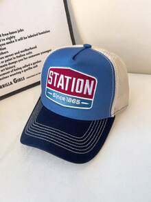 1pc Embroidered STATION Color Block 5-Panel Mesh Baseball Cap, Breathable Adjustable Size, Versatile Daily Casual Sun Protection Wear - Baseball Cap - View 9