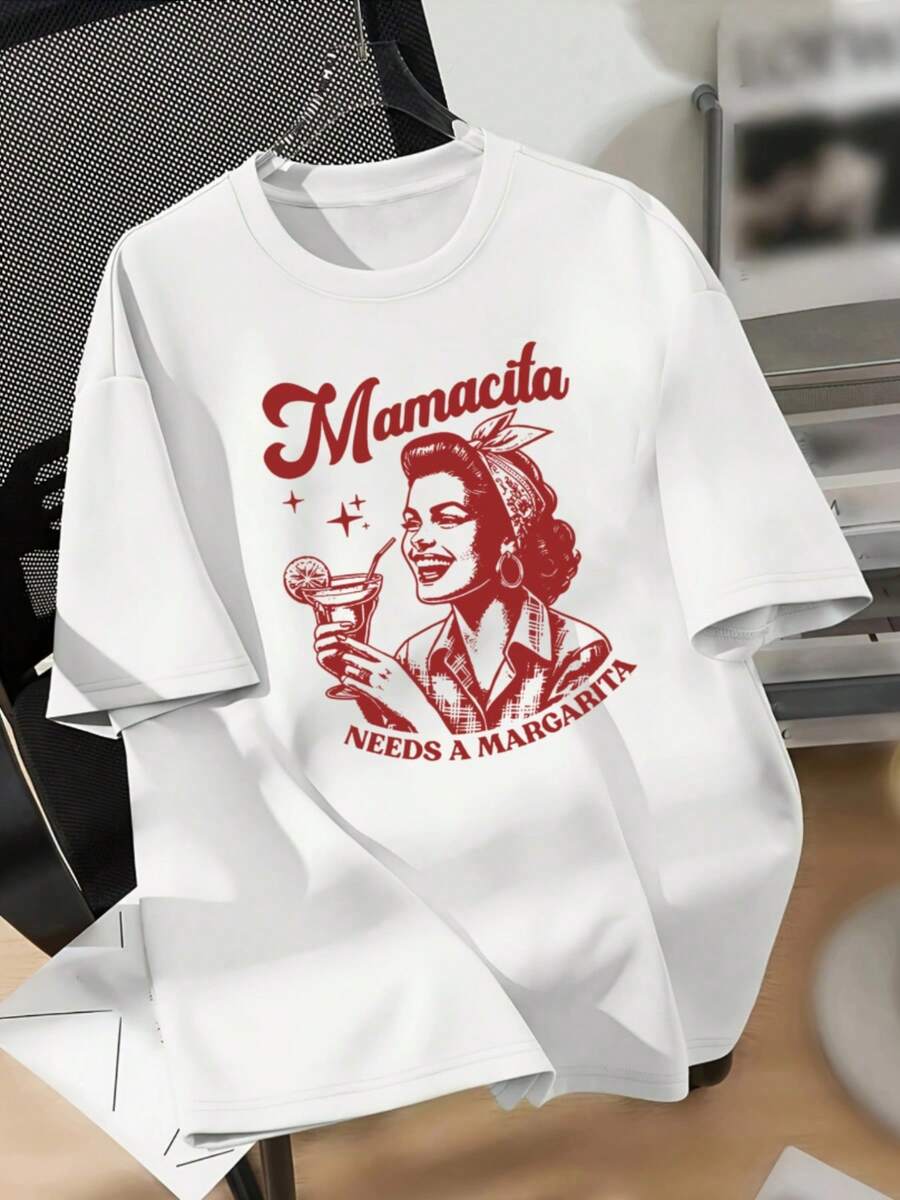 Camiseta Oversize para Mujer - Estampado Gráfico "Mamacita Needs A Margarita", Cuello Redondo Casual, Manga Corta, Negra, Uso en Todas las Temporadas, Estilo Y2k - Blanco - Ver 1
