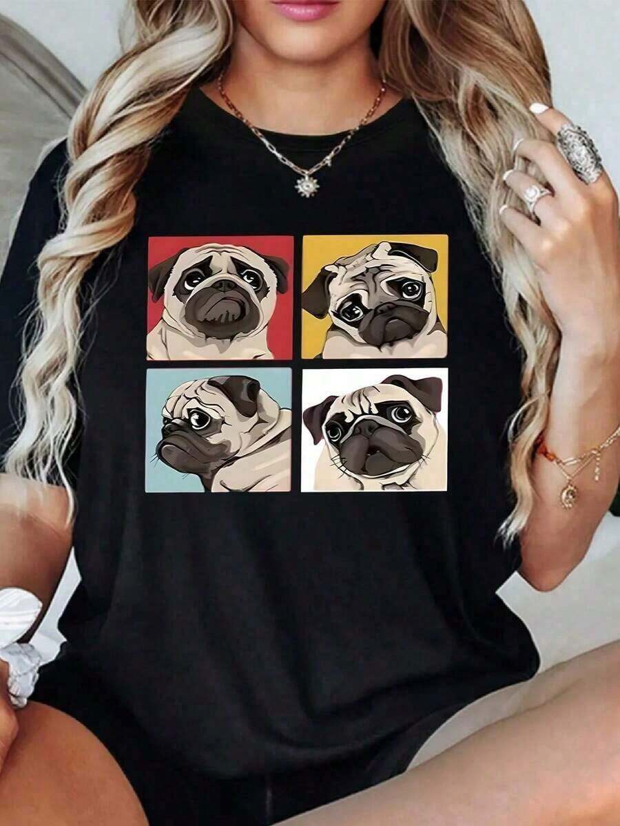 Camiseta impresa de algodón puro para mujeres,Camiseta impresa de algodón puro para mujeres,Retrato Artístico De Cuatro Caricaturas De Perro Pug En Colores Vibrantes Que Reflejan Personalidad Única Camiseta De Mujer Casual De Manga Corta - Negro - Ver 1