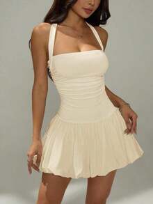 Vestido informal corto de unicolor con cuello de lazo y espalda descubierta para mujer - Amarillo claro - Ver 5