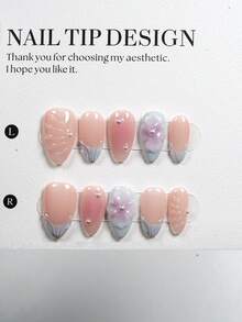 100% Handmade Short Almond Press On Nails, Hand-Carved 3D Flower & Shell Pattern With Nude Pink Base, Blue French Tip & Pearl Accents Glossy Fake Nails For Daily Wear, Dates, Bridal Weddings, Spring Outings & Casual Gatherings | Complete Nail Art Set Including 1 Nail File & Jelly Gel - Multicolor - View 2
