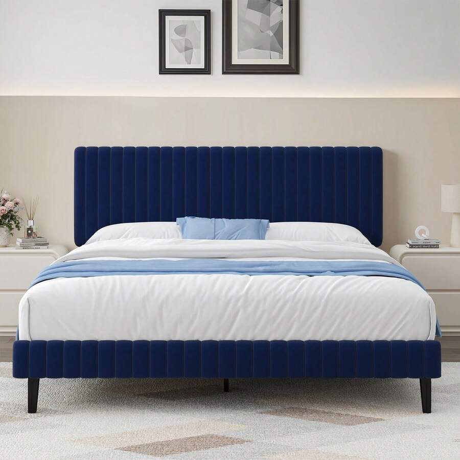 Queen Bed Frame, Upholstered Bed Frame With Headboard And Footboard, Vertical Channel Tufted Headboard, White/ Black/ Pink/ Green/ Blue, Twin/ Full/ Queen/ King - 藍色 - 查看 1