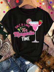 Vestido Camiseta de Mujer Estilo Margarita para Cóctel, 1 Pieza| Vestido de fiesta de corte en A de manga corta con estampado de rodajas de limón y borde de sal, texto 'Salt & Lime It'S Margarita Time', 100% temática mexicana informal, adecuado para despedidas de soltera y eventos de verano. - Negro - Ver 6