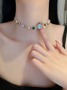 1pc Fashionable Elegant Colorful Round Crystal Necklace, Clavicle Chain, Gift For Festival, Daily Wear, Birthday - Gold - View 2