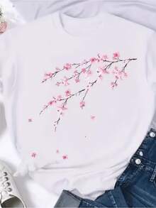 Camiseta de mujer de gran tamaño con estampado de flores de cerezo - Blusa de corte holgado, manga corta y cuello redondo - Top compatible |   No transparente, lavable a máquina, ropa casual de primavera y verano. |   Versión Holgada No Transparente, Básica para Uso Diario, para Todo Tipo de Cuerpo (Estilo Wo) - Camiseta Unisex de Algodón, Manga Corta, Cuello Redondo, Estilo Vintage Urbano - Blanco - Ver 7