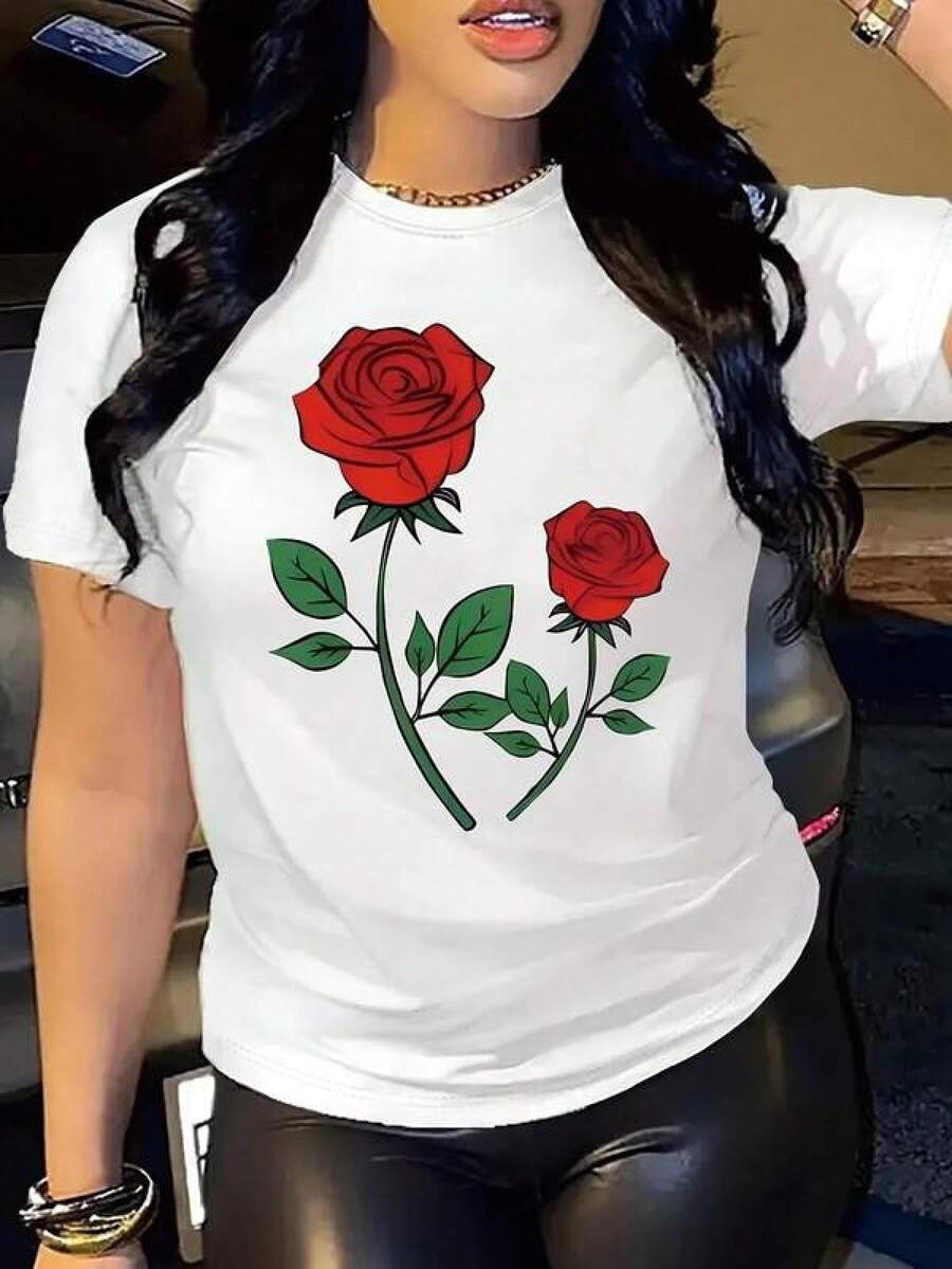 Nueva camiseta de manga corta 2026Rose Print Round Neck T-Shirt, Spring And Summer Casual Short-Sleeve Top, Women's Clothing,Camiseta con estampado de anime japonés, regalo de San Valentín, estampado estilo K, estampado de cantante masculino joven, camiseta gráfica para mujer,Camiseta de moda para hombre - Blanco - Ver 1
