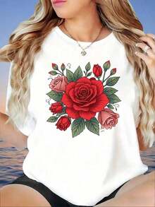 Camiseta Casual de Mujer con Estampado Floral de Rosas, Corte Holgado, Manga Corta, Camiseta de Moda de Verano, 220g - Blanco - Ver 1