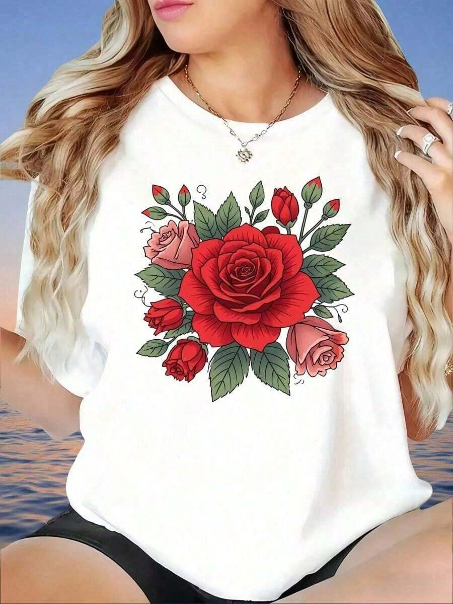 Camiseta Casual de Mujer con Estampado Floral de Rosas, Corte Holgado, Manga Corta, Camiseta de Moda de Verano, 220g - Blanco - Ver 1