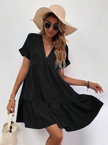 LUNE Vestido con puños enrollados, dobladillo con volantes y unicolor borgoña para outfit de mujer - Negro - Ver 5