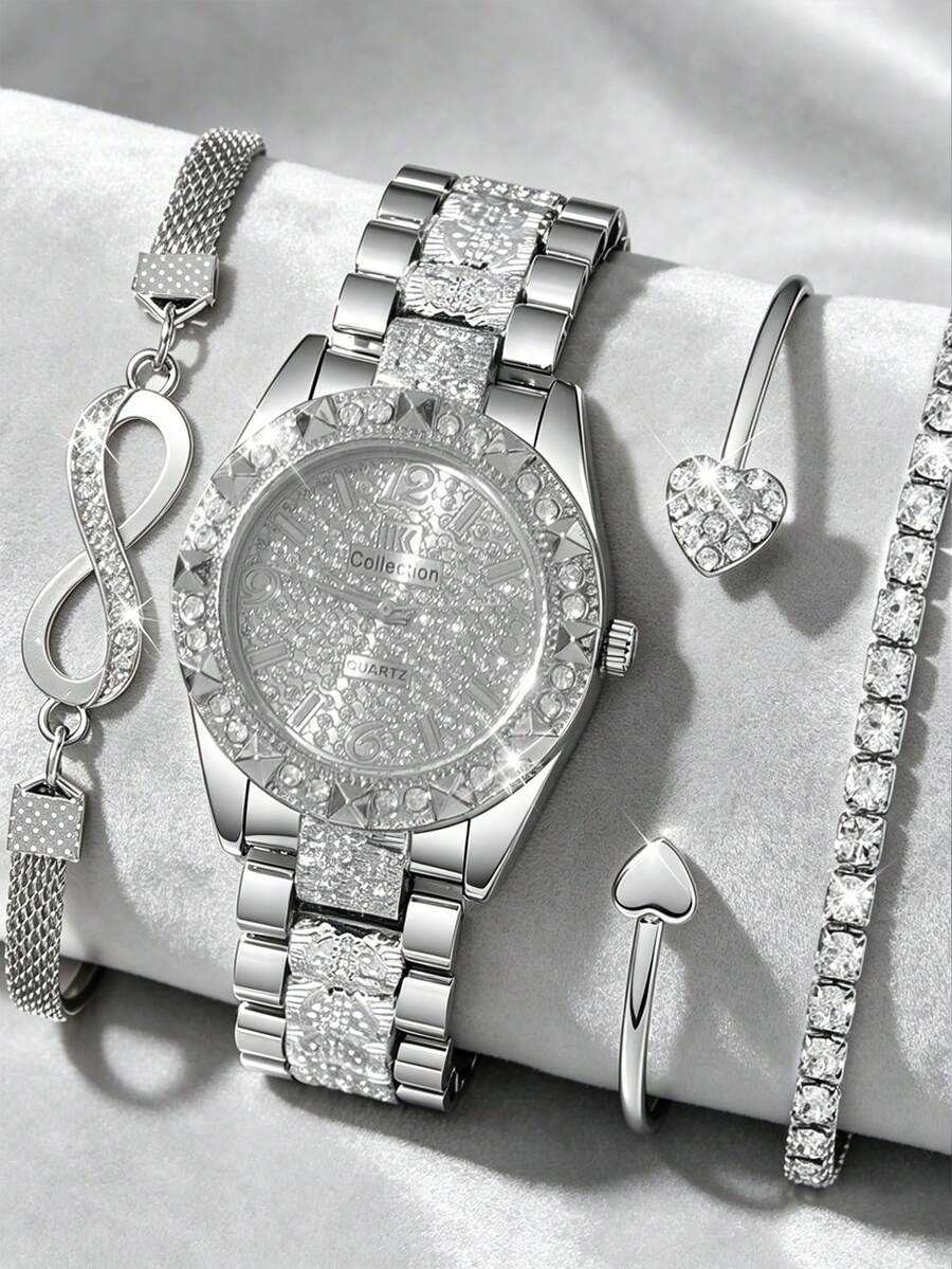 4 piezas Conjunto de relojes de cuarzo de lujo para mujer, que incluye 1 reloj de cuarzo con esfera de metal con diamantes, pulsera con símbolo del infinito con diamantes, brazalete abierto con forma de corazón pulido, pulsera con diamantes - Un conjunto de accesorios dulce y elegante para mujer - Plateado - Ver 1