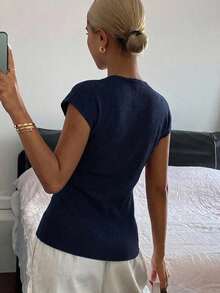 Cárdigan casual de verano para mujer, de unicolor, ajustado, de cuello en V, elástico y delgado - Azul marino - Ver 2