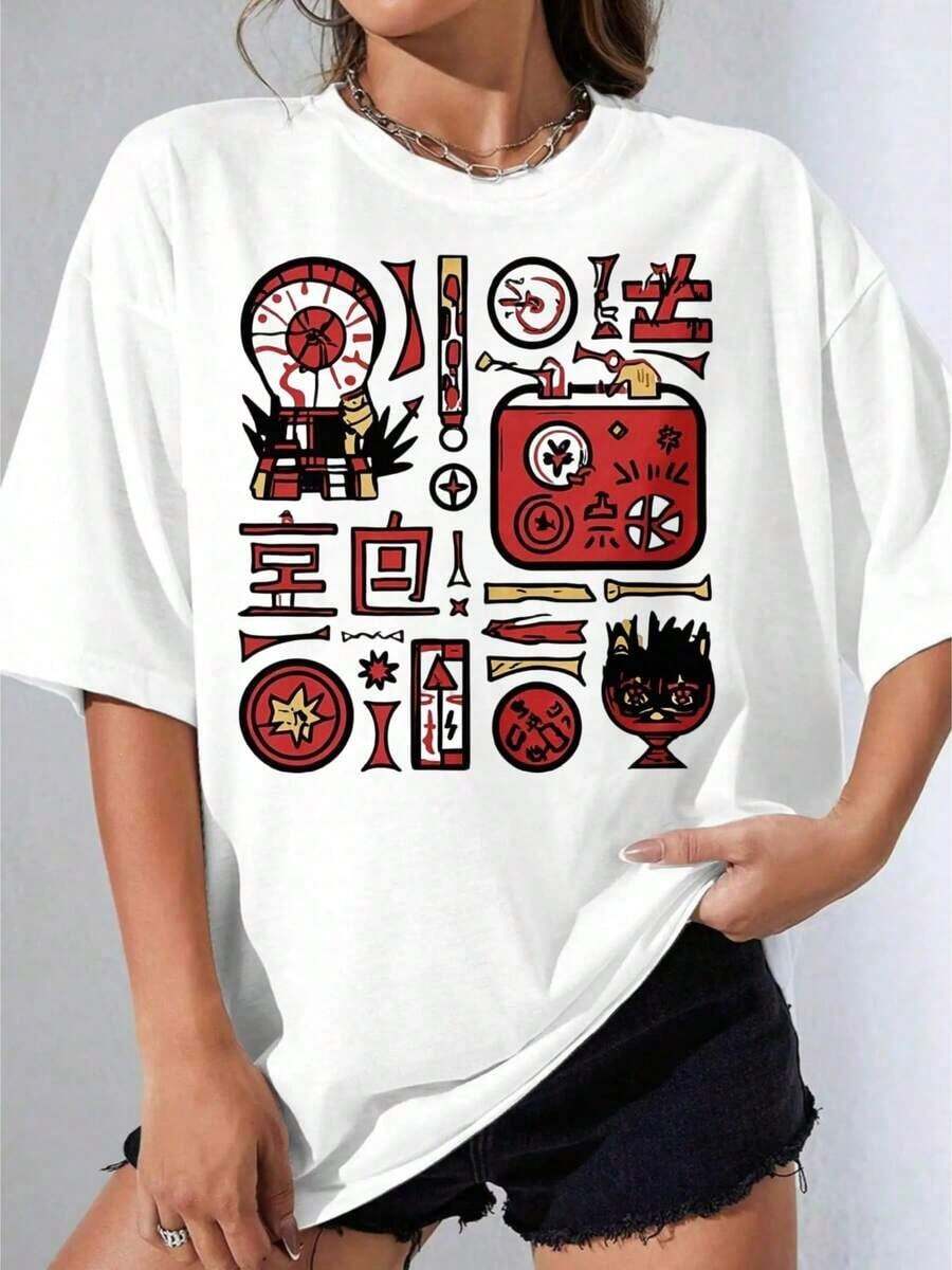 Nueva Camiseta Casual de Verano para Mujer en Blanco y Negro, Camiseta Oversize Blanca con Estampado de Manga Anime de Inspiración Japonesa para Uso Casual y Estilo Urbano, Fiesta al Aire Libre, Camiseta Estampada Casual de 220g - Estilo Urbano Vintage, Camiseta Unisex Holgada de Algodón de Manga Corta con Cuello Redondo - Blanco - Ver 1