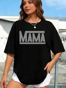 NewSummerCasualPAYEAH 1 Piece Crew Neck T-Shirt With "Mama" Letter Print 100% Cotton - Soft Medium Stretch Polyester Short Sleeve Top For Spring And Summer - Relaxed Fit, Casual, Alphabet Print, Positioned Print, Regular Length, Knit Fabric, All Seasons Wear, 220g Thick Cotton T-Shirt - Vintage Urban Style, Unisex Loose Fit Short Sleeve Crew Neck Cotton T-Shirt - 黑色 - 查看 6