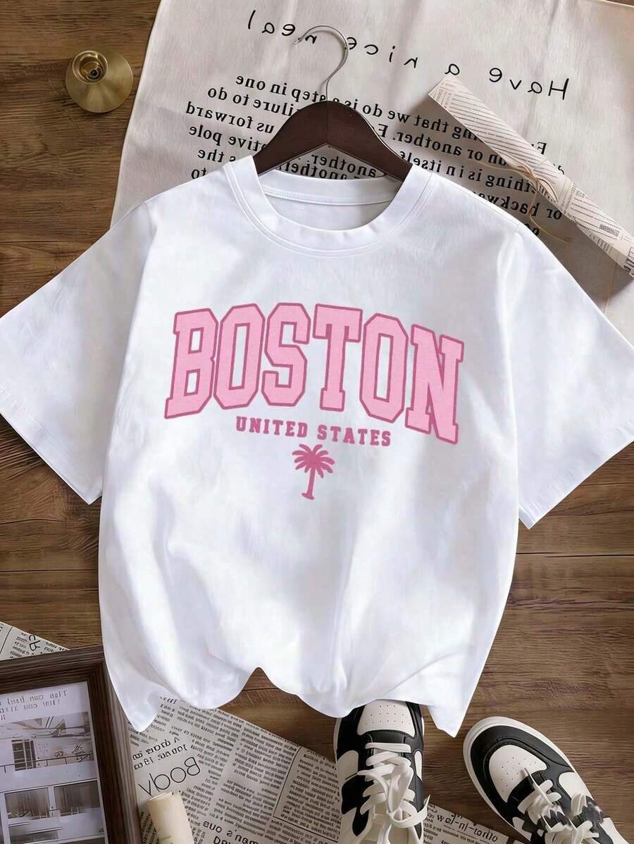 1 Piece/3 Pieces Of Women's Short-Sleeved T-Shirts With A Round Neck, Loose Fit, Casual And Cute Design, Fashionable Clothing For Everyday Wear And Vacations. Women's Summer Set, Fun Landmark Print, 3 Pieces, Short Sleeve, 180g, 100% Cotton - 白色 - 查看 1