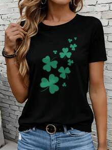 Women's Short-Sleeved T-Shirts In Black And White Are Suitable For Everyday Wear, Lounging At Home, And Outdoor Activities. This White T-Shirt Features A St. Patrick's Day Shamrock Print And Is A Casual, Short-Sleeved Top With A Lucky Shamrock Design, Perfect For Celebrating St. Patrick's Day Or As A Party Gift. - 黑色 - 查看 7