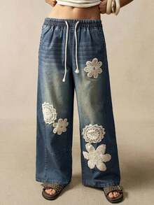 Jeans anchos de pierna ancha de unicolor tejidos informales para mujer - Azul - Ver 5