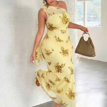 Plus Size Women's Elegant Romantic Fashion Commuter Sexy Elegant Style Asymmetrical Shoulder Bodycon Maxi Dress, Suitable For Party, Beach Vacation, Back To School, Romantic Date, Wedding Season, Birthday, Easter, Spring/Summer Dress - Amarillo - Ver 11