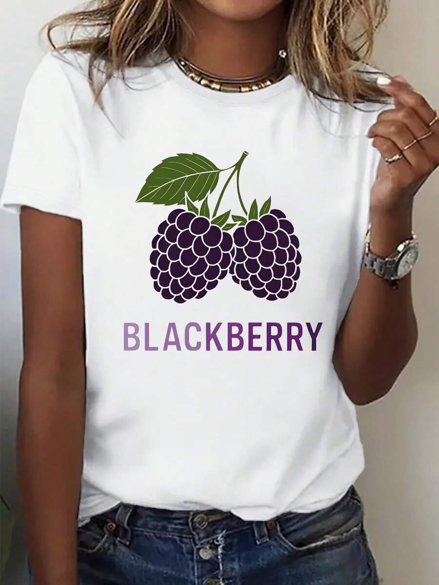 Plus Size, Women's Oversized T-Shirt With Blackberry Fruit Print - Casual Round Neck Blouse Suitable For Autumn/Winter, Machine Washable, Ideal For Casual And Berry Themed Outfits. - 白色 - 查看 1