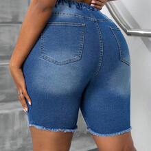 Plus Size Women's Autumn Pockets Distressed Elastic Waist Denim Biker Pants - Azul lavado medio - Ver 3