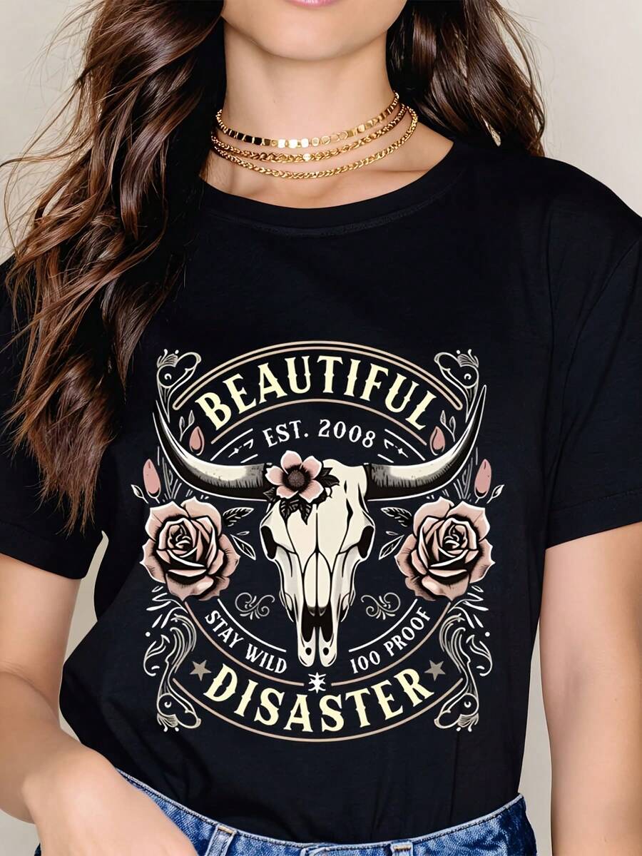 Women Casual Round Neck T Shirt White Crewneck Graphic Print Bull Skull And Roses Beautiful Disaster Text Design - màu đen - Xem 1