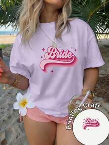 Camiseta de mujer manga corta 100% poliéster, cuello redondo, estampado 'Bride' en degradado rosa con estrellas brillantes, estilo casual, lavable a máquina, verano 2026, ideal para viajes y uso diario - Morado - Ver 6