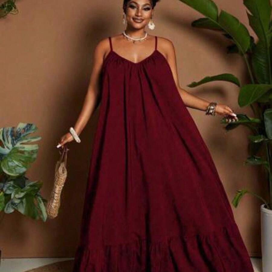Plus Size Women Solid Color Casual Vacation Daily Wear Sleeveless Off Shoulder Ruffle Patchwork Loose Flared Maxi Dress, Summer - Burdeos - Ver 1